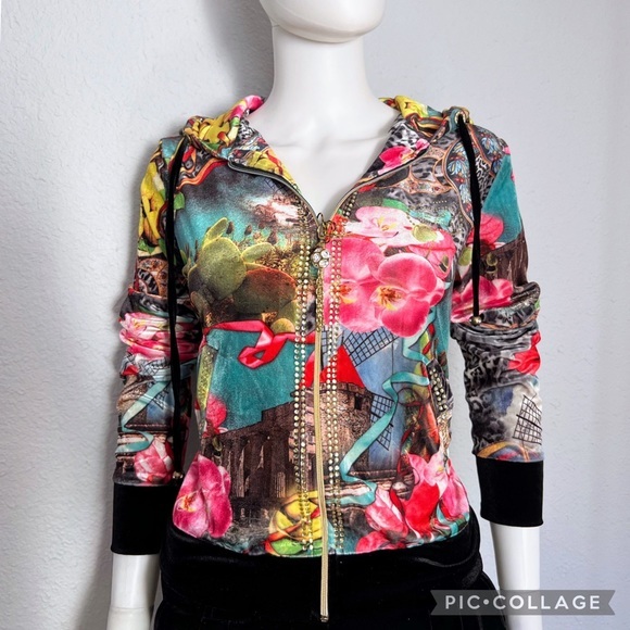 WOMEN VELOUR TRACKSUIT 2P SET JACKET/BLACK PANTS LOUNGEWEAR FLORAL PRINT HOODED‎ - Picture 10 of 12